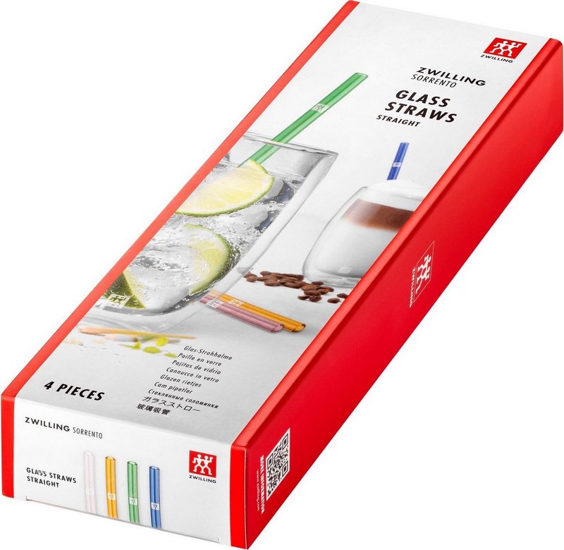 Zwilling Strohhalme Glas farbig gerade 4er Set 23cm D9mm + Bürste 