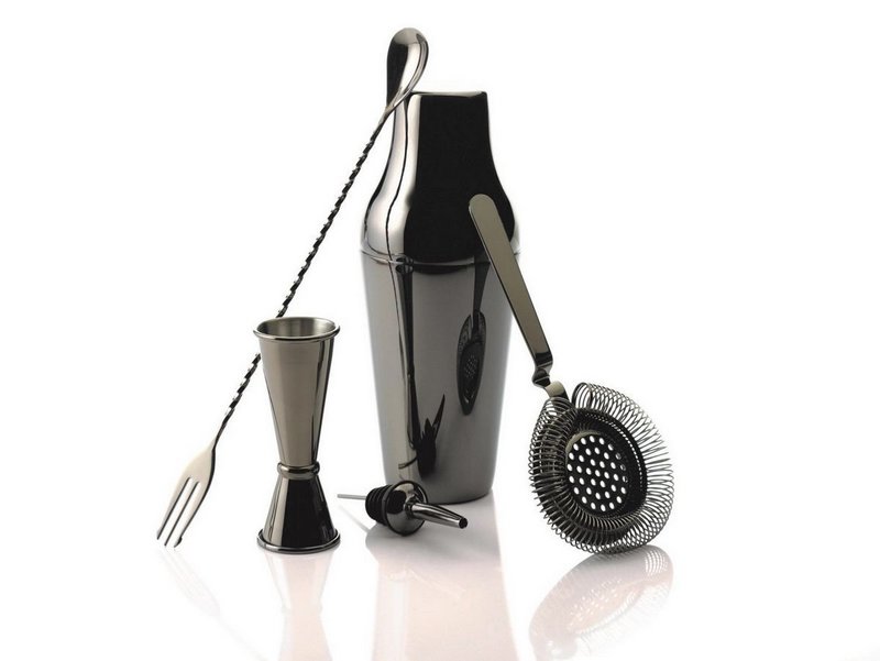 Piazza Bar Set 5tlg schwarz mit Shaker Kippmass Rührlöffel Sieb 