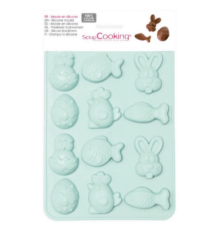 Scrap Cooking Silikonbackform Ostern mit Hase Ei Küken Fisch 