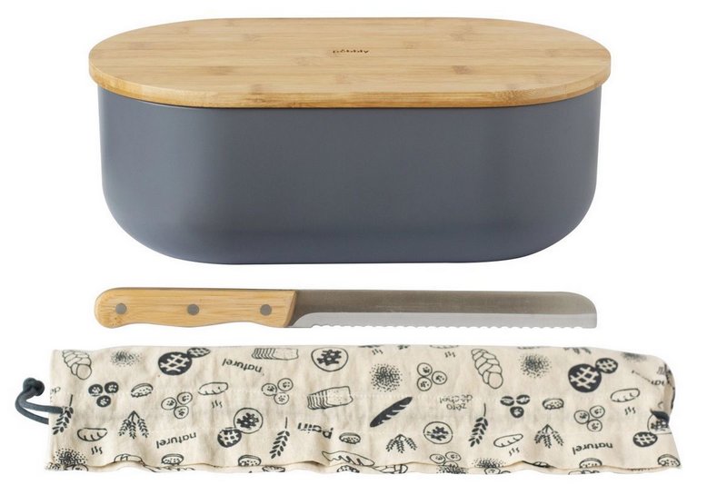 pebbly Brotkasten mit Schneidebrett Messer und Brotbeutel Slate 