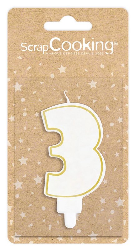 Scrap Cooking Kerze Nummer 3 weiss mit Goldrand 