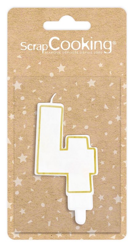 Scrap Cooking Kerze Nummer 4 weiss mit Goldrand 