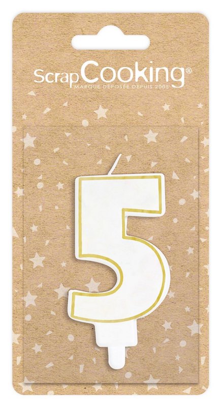Scrap Cooking Kerze Nummer 5 weiss mit Goldrand 
