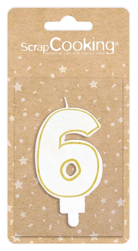 Scrap Cooking Kerze Nummer 6 weiss mit Goldrand 