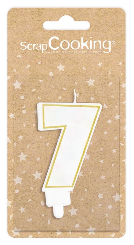 Scrap Cooking Kerze Nummer 7 weiss mit Goldrand 