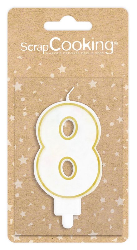Scrap Cooking Kerze Nummer 8 weiss mit Goldrand 