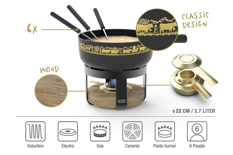 STÖCKLI Käsefonduegarnitur Pilatus Wood Classic 22cm 